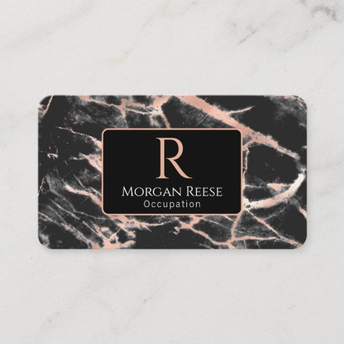 Name  Monogram QR Code Black  Rose Gold Marble Business Card