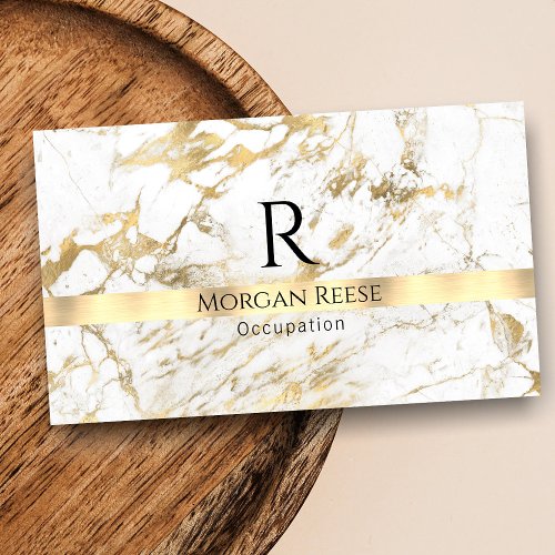 Name  Monogram QR code White  Gold Marble Vs 3 Business Card