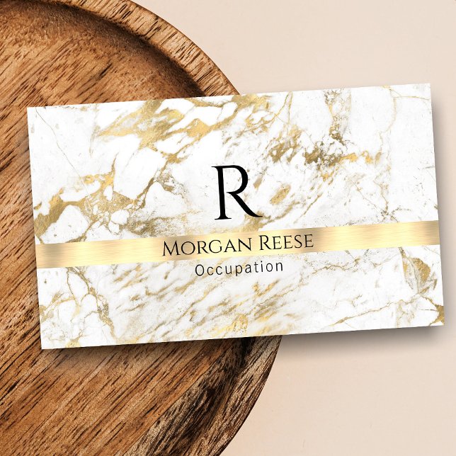 Name & Monogram, QR code, White & Gold Marble Vs 3 Business Card (Creator Uploaded)