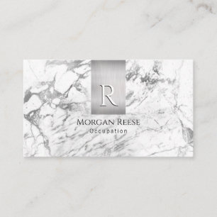 Name & Monogram, QR code, White & Grey Marble Business Card