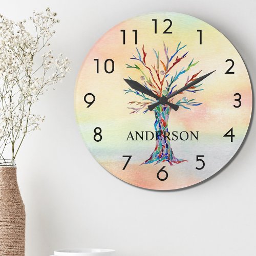Name Monogram Rainbow Tree Large Clock