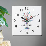 Name Monogram Rainbow Tree Square Wall Clock<br><div class="desc">This stylish Wall Clock is decorated with a colorful mosaic tree.
Easily customizable with your name or monogram.
Because we create our own artwork you won't find this exact image from other designers.
Original Mosaic © Michele Davies.</div>
