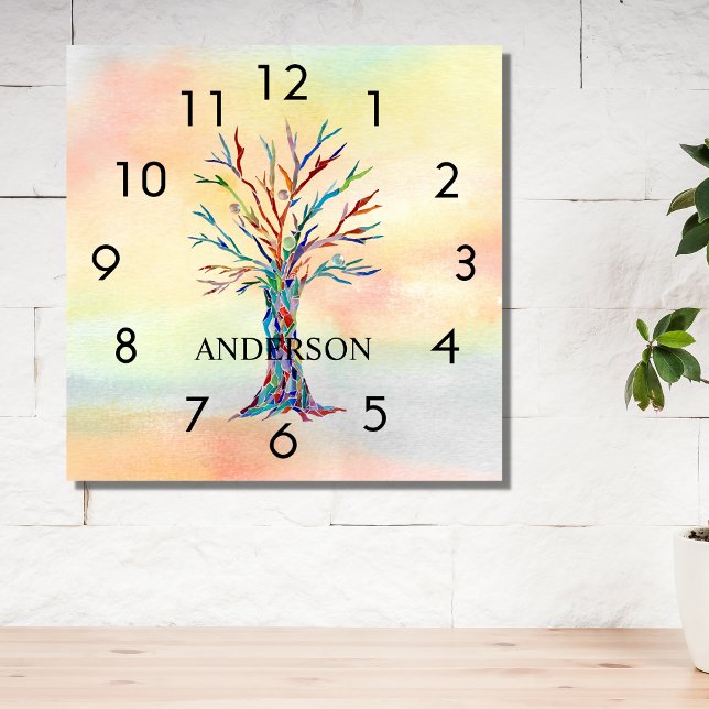 Name Monogram Rainbow Tree Square Wall Clock (Creator Uploaded)