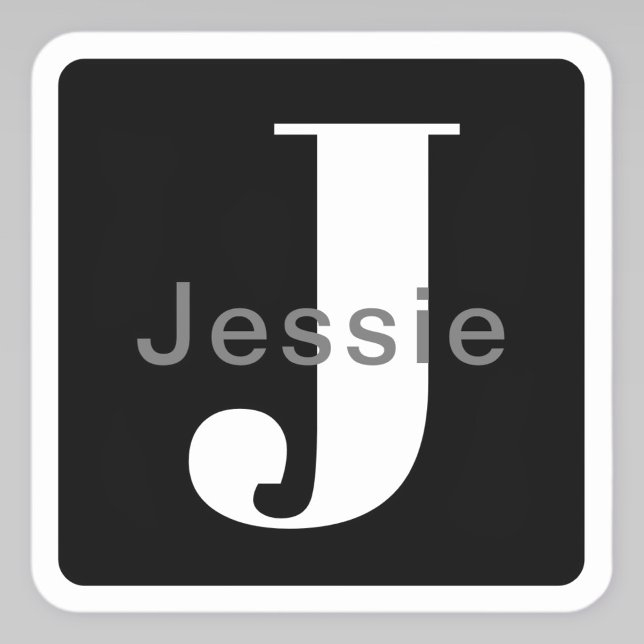 Name & Monogram | Rounded Black White & Grey Square Sticker (Creator Uploaded)