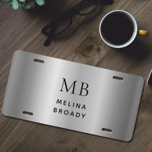 Name & Monogram Silver Gray Brushed Faux Metallic License Plate