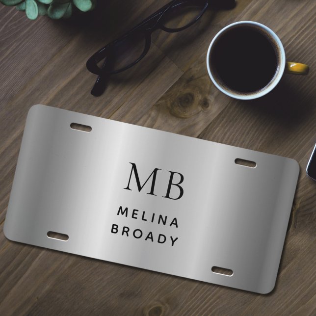Name & Monogram Silver Gray Brushed Faux Metallic License Plate (Creator Uploaded)