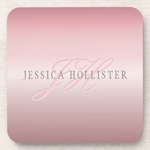 Name  Monogram  Soft FAUX Rose Gold Blush Beverage Coaster