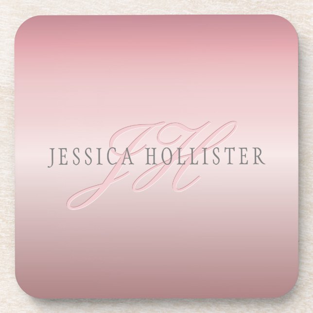 Name & Monogram | Soft FAUX Rose Gold Blush Beverage Coaster (Front)