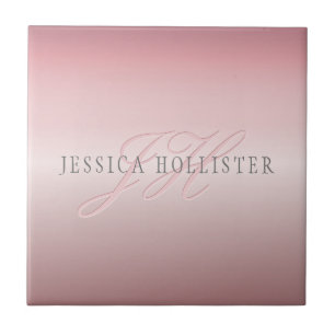Name & Monogram Soft FAUX Rose Gold Blush Ceramic Tile