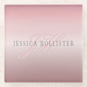 Name & Monogram Soft FAUX Rose Gold Blush Glass Coaster