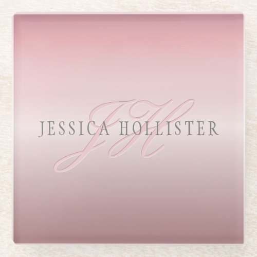 Name  Monogram  Soft FAUX Rose Gold Blush Glass Coaster