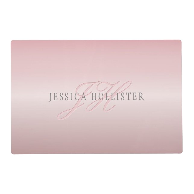 Name & Monogram | Soft FAUX Rose Gold Blush Placemat (Front)