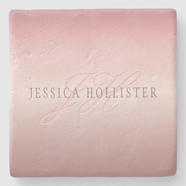 Name & Monogram | Soft FAUX Rose Gold Blush Stone Coaster (Front)