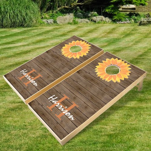 Name Monogram Sunflower Wood Cornhole Set