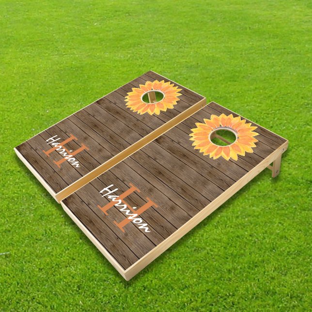 Name Monogram Sunflower Wood Cornhole Set (Creator Uploaded)