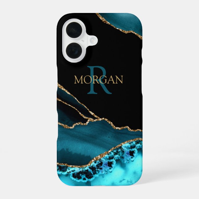 Name & Monogram Teal Black Agate, Gold DkTeal Text iPhone Case (Back)