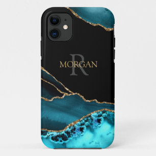 Name & Monogram, Teal Black Agate, Gold Grey Text iPhone 11 Case