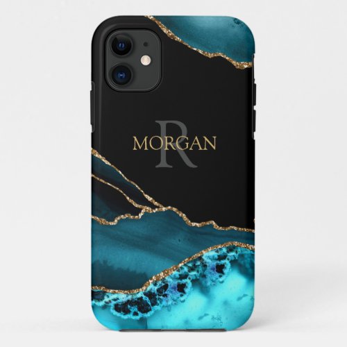 Name  Monogram Teal Black Agate Gold Grey Text iPhone 11 Case