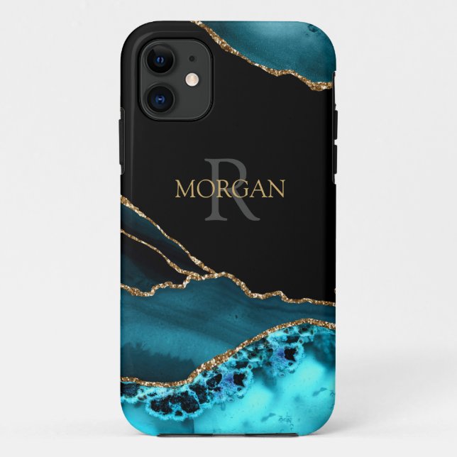 Name & Monogram, Teal Black Agate, Gold Grey Text Case-Mate iPhone Case (Back)