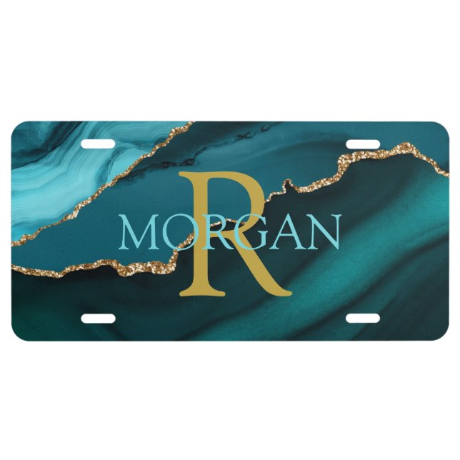 Name & Monogram, Teal Black Agate, Gold Teal License Plate (Front)