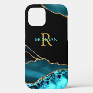 Name & Monogram, Teal/Black Agate, Gold/Teal Text iPhone 12 Pro Case