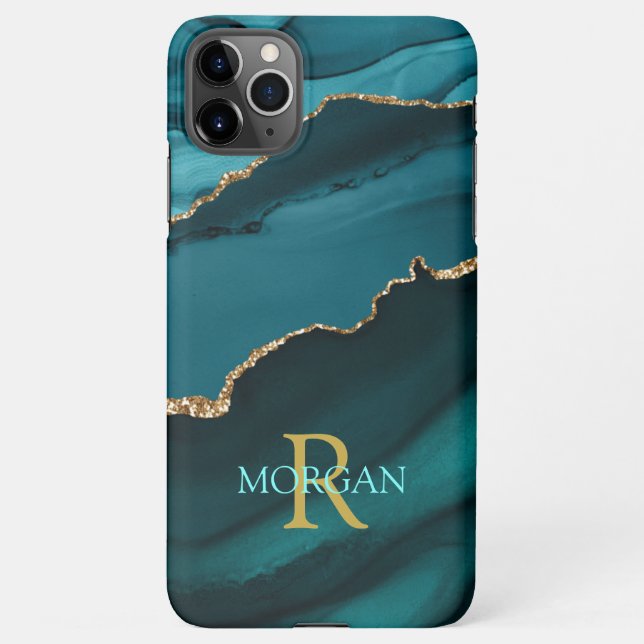 Name & Monogram, Teal Black Agate, Gold Teal Text iPhone Case (Back)