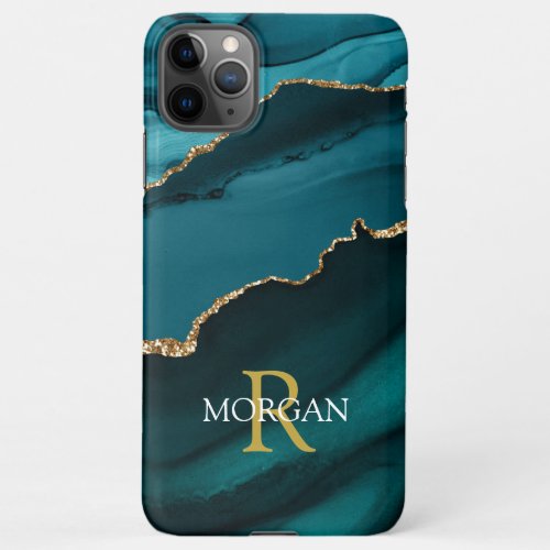 Name  Monogram Teal Black Agate Gold White Text iPhone 11Pro Max Case