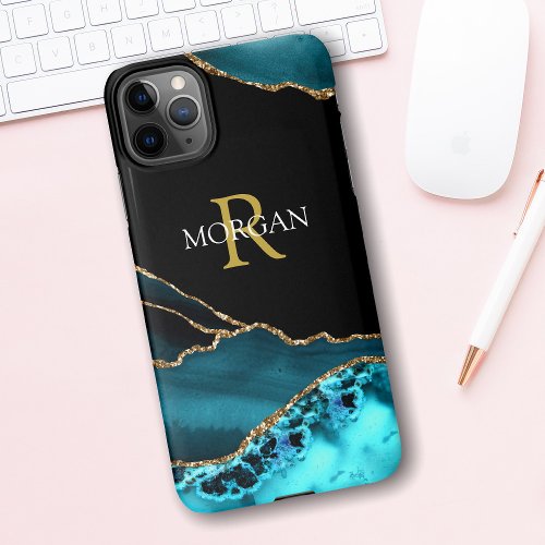 Name  Monogram Teal Black Agate Gold White Text iPhone 11Pro Max Case
