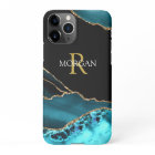 Name & Monogram, Teal Black Agate, Gold White Text