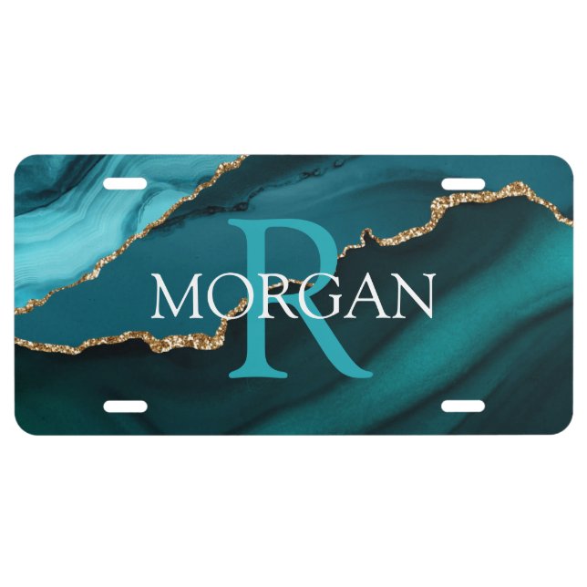 Name & Monogram, Teal Black Agate, White Blue Text License Plate (Front)