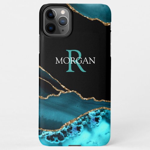 Name  Monogram Teal Black Agate White Teal Text iPhone 11Pro Max Case
