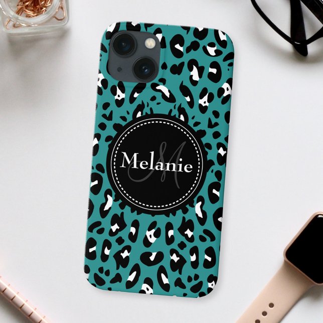 Name Monogram Teal Black White Leopard Pattern Case-Mate iPhone Case (Creator Uploaded)