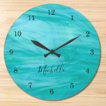 Name Monogram Turquoise Large Clock<br><div class="desc">This colourful Wall Clock is decorated with a turquoise swirl pattern.
Easily customizable with your name or monogram.
Use the Customize Further option to change the text size,  style or color if you wish.</div>