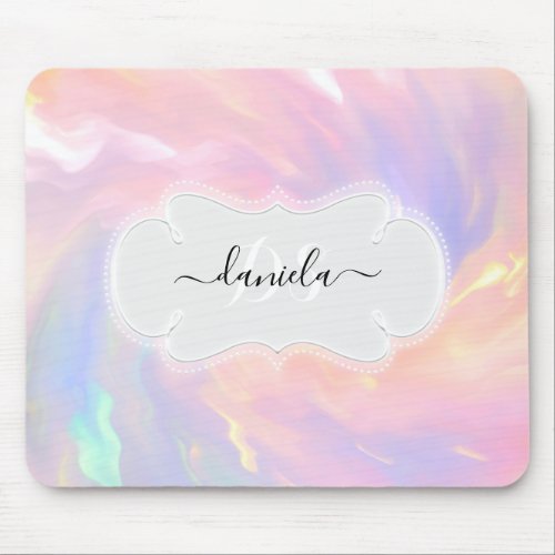 Name Monogram Unicorn Holographic Pink Girly Mouse Pad