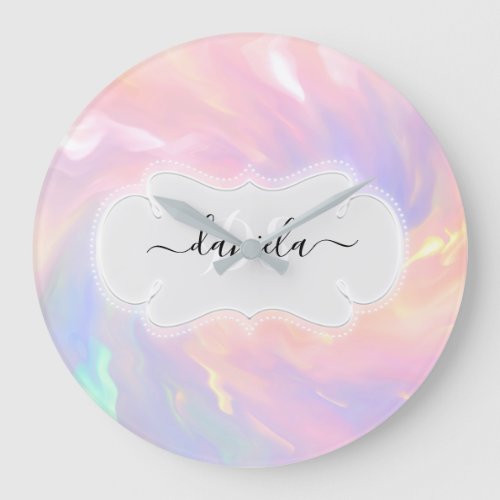 Name Monogram Unicorn Holographic Pink Large Clock