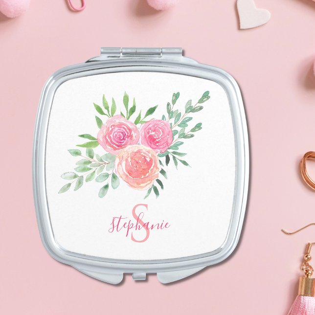 Name Monogram Watercolor Floral Compact Mirror (Creator Uploaded)
