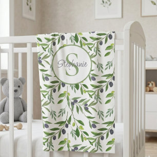 Name Monogram Watercolor Olive Pattern  Baby Blanket