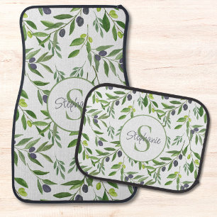 Name Monogram Watercolor Olive Pattern Car Floor Mat