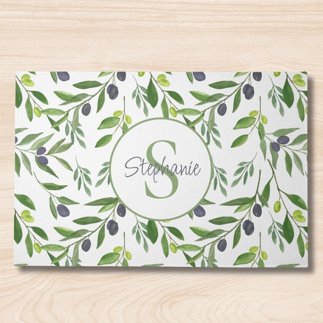 Name Monogram Watercolor Olive Pattern Doormat (Creator Uploaded)