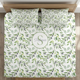 Name Monogram Watercolor Olive Pattern Duvet Cover