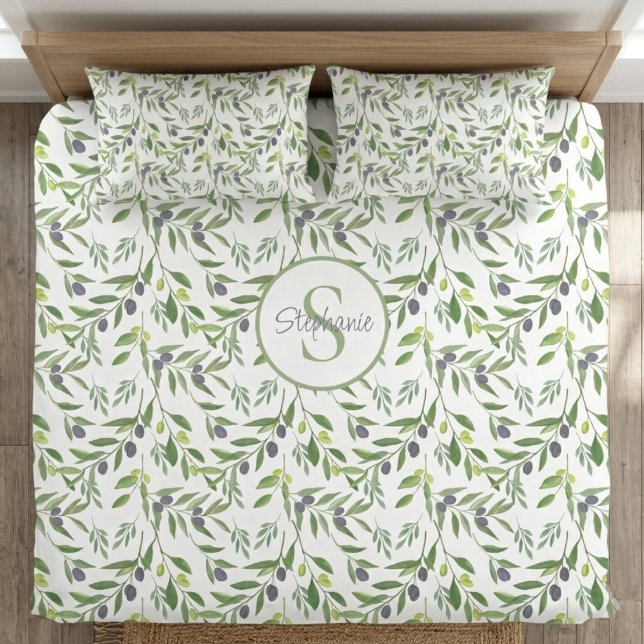 Name Monogram Watercolor Olive Pattern  Duvet Cover (Creator Uploaded)