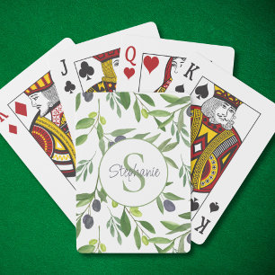 Name Monogram Watercolor Olive Pattern Poker Cards