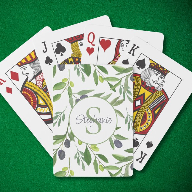 Name Monogram Watercolor Olive Pattern Poker Cards (Creator Uploaded)
