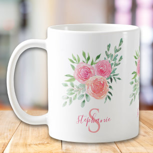 Name Monogram Watercolor Pink Floral Coffee Mug