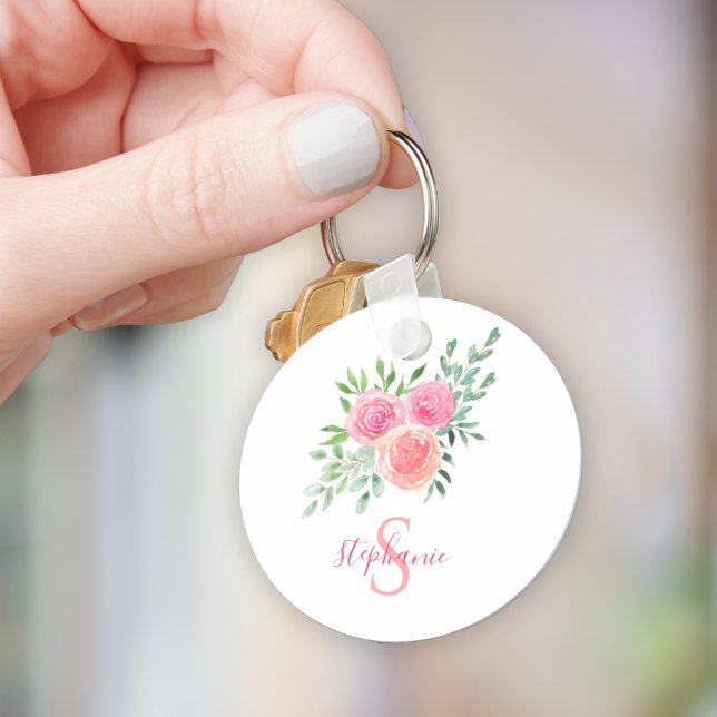 Name Monogram Watercolor Pink Floral Keychain (Creator Uploaded)