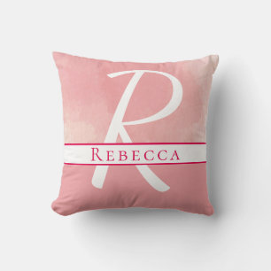 Name Monogram Watercolor Pink Throw Pillow