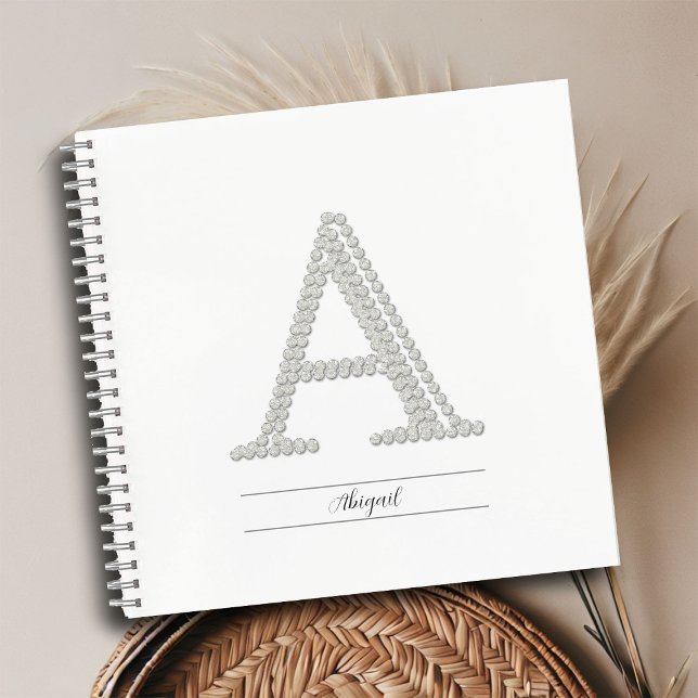 Name Monogram White Rhinestone A Minimalist Notebook (name monogram rhinestones personalized notebook birthday christmas mother bestie gift)