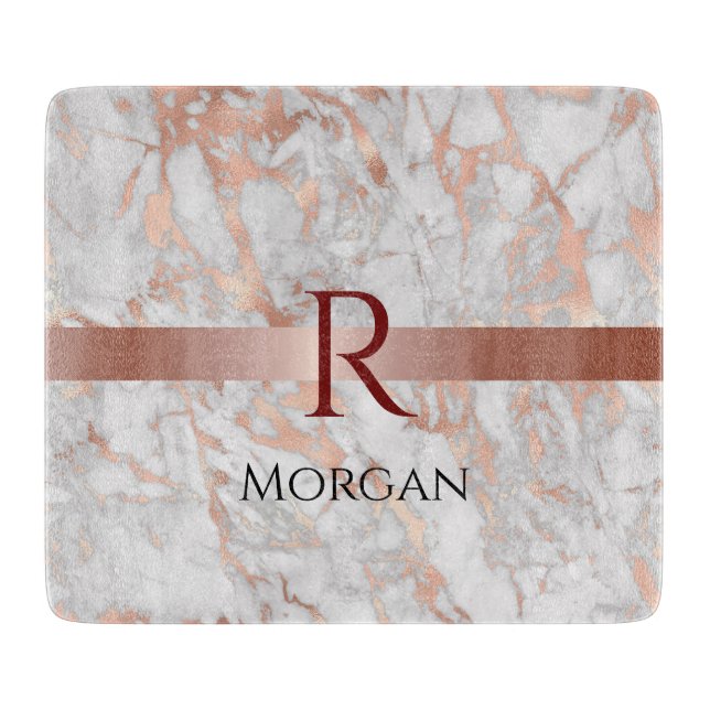 Name & Monogram, White & Rose Gold Marble Cutting Board (Front)