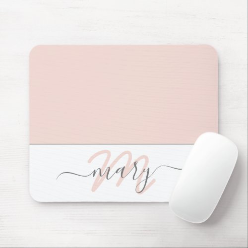 Name Monogram White Rose Pink White Abstract Mouse Pad
