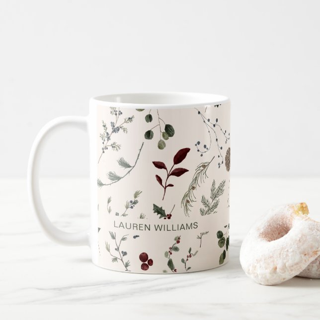 Name Monogram Winter Wildflower Pattern Coffee Mug (With Donut)